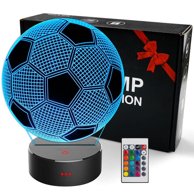 OceanWings Soccer Gifts 3D Night Light for Boys 8-12, Christmas Stocking Stuffers for Teens Girls Optical Illusion Lamp Nightlight with Remote Control 16 Color Touch Bedroom Valentines Day Decor - Image 1